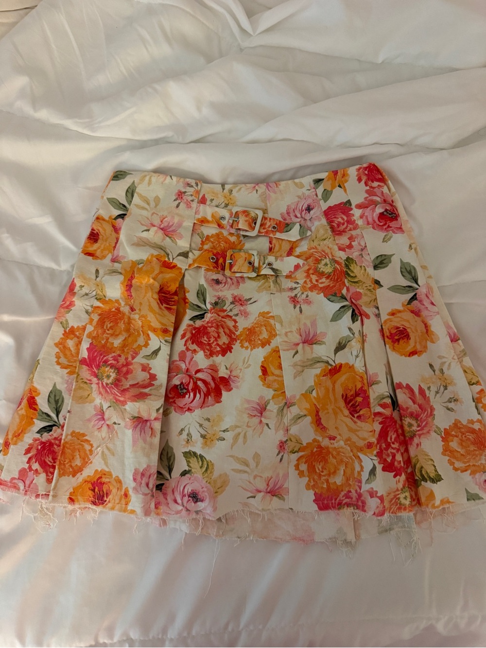 For Love & Lemons Floral A-Line Mini Skirt in Cream with Pink & Orange Roses